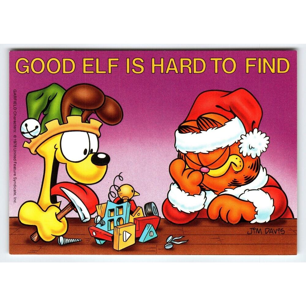 Garfield Christmas Postcard Goof Elf Odie Jim Davis Comic Orange Tabby Cat 1978